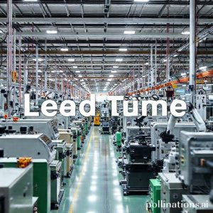 A busy factory floor with various machines and robots working efficiently, representing optimized manufacturing lead time. Focus on smooth, fast operations with minimal bottlenecks.