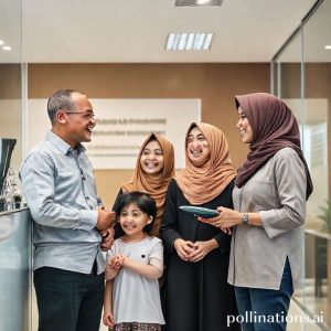 A cheerful Indonesian family (husband, wife, two children) at a modern, bright Pegadaian Syariah office, discussing with a friendly staff member, showing trust and relief.