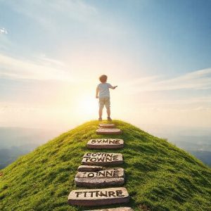 A child standing confidently on a small hill, looking towards a bright horizon, with a metaphorical path of positive words (like stepping stones) leading up to them, symbolizing growth and future.