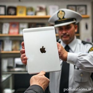 A clear image of an iPad being inspected by a Pegadaian officer, emphasizing cleanliness and good condition. The background shows a typical office setting of a pawn shop with other items behind the counter.