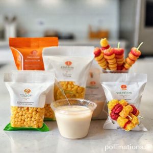A close-up shot of neatly packaged mini snacks, such as small bags of spicy macaroni, tiny cups of pudding, and colorful cilok skewers. The packaging is simple but attractive, with a small, memorable logo. The background is a clean, modern kitchen surface.