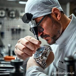A close-up shot of a professional appraiser at Pegadaian meticulously examining a high-end wristwatch with a loupe, surrounded by various tools and a secure, brightly lit environment.