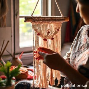 A close-up of an Indonesian woman's hands skillfully weaving a macrame wall hanging. Her work area is tidy and artistic, with colorful threads and beads, bathed in warm natural light from a window.
