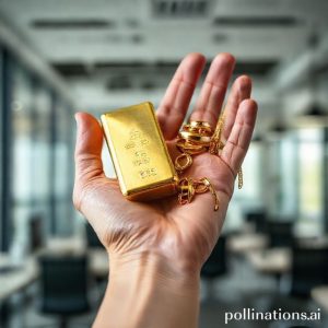 A close-up shot of a hand holding a shining gold bar and various gold jewelry (rings, necklaces) against a blurred background of a modern office, symbolizing quick financial solutions.