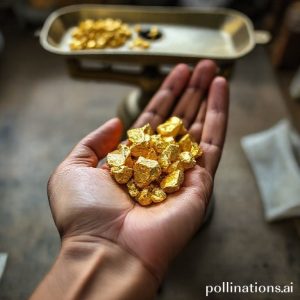 A close-up shot of a hand holding several small, shiny gold nuggets, with a traditional Indonesian scale (dacing) in the blurred background. The gold glints under soft lighting, emphasizing its value.
