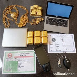 A collage of different items that can be used as collateral for loans, such as gold jewelry, gold bars, a laptop, a smartphone, a motorbike BPKB document, and a car key. All items are arranged neatly on a table.