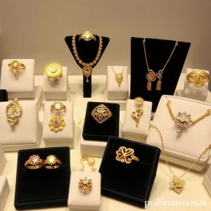 A collection of various intricate gold jewelry pieces (rings, necklaces, bracelets) displayed elegantly on velvet stands. Some pieces might have small gemstones. The background is soft and inviting, emphasizing the artistry of the jewelry.