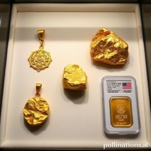 A collection of various types of rare physical gold: an antique gold pendant, a unique gold nugget, and a certified limited edition gold bullion bar, displayed in a well-lit showcase.