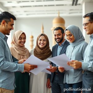 A diverse group of people (Muslim and non-Muslim) happily discussing financial documents in a modern, bright office setting, with subtle Islamic architectural elements in the background, symbolizing inclusivity and modern finance.