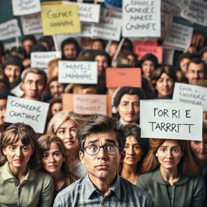 A diverse group of people (various ages, genders, ethnicities) looking confused and overwhelmed by a flood of generic marketing messages, with one person in the foreground looking engaged with a targeted, personalized message. Illustrates the inefficiency of not having a target market.