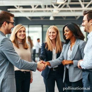 A diverse group of business people collaborating and smiling in a modern, open-plan office, shaking hands with a client, showing trust and good relationships.