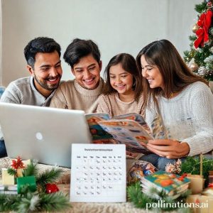 A family happily planning their Christmas holiday trip on a laptop, surrounded by travel guides and Christmas decorations, with a calendar marked for