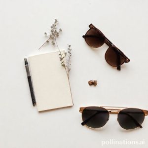 A flat lay of various small, aesthetic items: a small notebook, a pen, a delicate plant sprig, and a pair of vintage sunglasses, all arranged artfully on a light-colored surface, embodying a 