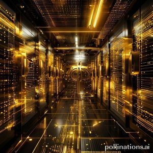 A futuristic digital gold vault or secure server room, with lines of data flowing and glowing golden accents, symbolizing the secure storage of digital gold with Pegadaian.