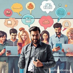 A group of diverse people looking at their smartphones and laptops, with thought bubbles above their heads showing different interests (shopping, learning, entertainment). In the foreground, a business owner is strategically placing digital ads and content on a large screen, targeting these different personas. Dynamic and colorful.