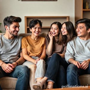 A group of diverse friends (2 males, 2 females, young adults) sitting on a couch, one person is telling a joke with a mischievous grin, while the others have mixed expressions - one is laughing hard, one is rolling their eyes playfully, and another is smiling wryly, indicating the 