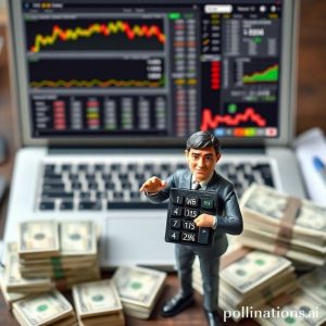 A hand holding a calculator showing financial ratios, with a laptop in the background displaying stock market data and company reports. There are stacks of money and a confident investor figure.