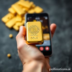 A hand holding a physical gold bar, with a blurred smartphone in the background displaying an app interface for digital gold, illustrating the bridge between physical and digital gold.