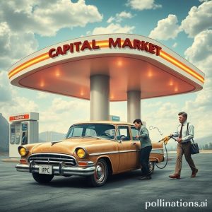 A humorous analogy showing an old, sputtering car (representing the economy) being refueled at a gigantic, futuristic