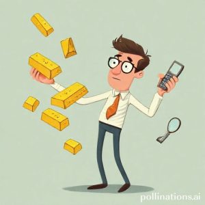 A humorous illustration of a person trying to juggle multiple gold bars, some slipping, while also holding a calculator and a magnifying glass, symbolizing the complexities of managing gold investments and potential hidden costs.