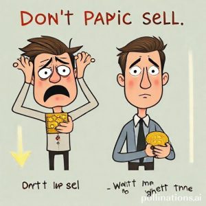 A humorous image depicting two individuals: one looking stressed and panicking while holding gold, next to a downward arrow. The other person looks calm and patient, holding gold, next to an upward arrow. This illustrates 
