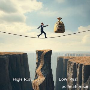 A humorous image of a business person walking a tightrope across a chasm, balancing a stack of money (equity) and a heavy bag labeled 