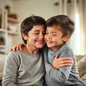 A parent warmly whispering encouraging words to their child, with soft light and a cozy home background, symbolizing love and guidance.