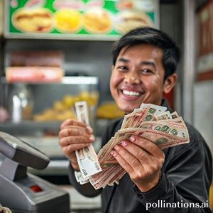 A person counting money (mostly Rp 1000 and Rp 2000 notes) with a wide smile, in front of a simple cash register. In the background, there's a blurry outline of a small food stall. The overall mood is success and satisfaction.