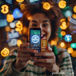 A person enthusiastically holding a smartphone showing the Tring by Pegadaian app icon, with a blurred background of various financial symbols (gold coins, credit cards, bills). The person has a determined and happy expression.