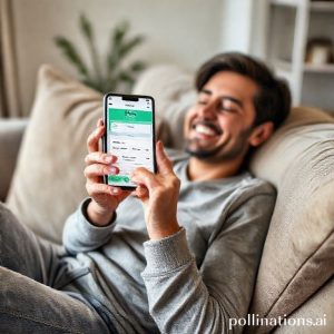 A person happily paying bills on their smartphone, sitting comfortably on a sofa at home. The Tring by Pegadaian app is visible on the phone screen. There's a subtle calendar or reminder icon nearby, suggesting ease and punctuality. The scene exudes relaxation and financial peace of mind.