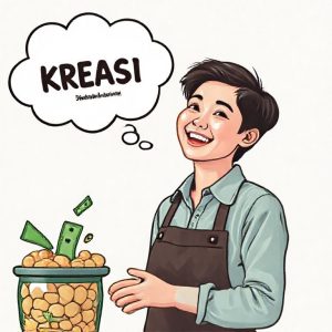 A person happily managing their small business (e.g., selling homemade pastries or crafts) with a thought bubble showing a Pegadaian logo and money flowing into their business, symbolizing 