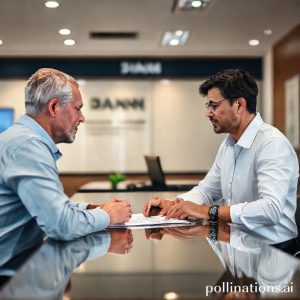 A person having a calm conversation with a bank officer across a desk, both looking at a document. The atmosphere is professional and problem-solving oriented.