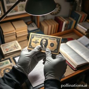 Close-up of various old, rare banknotes and coins displayed neatly in protective plastic holders, illuminated by a warm light. Focus on intricate details and historical designs. There's a magnifying glass on the side, suggesting meticulous examination.</p>
<p>“><br /> Banyak orang yang tanpa sadar memegang “harta karun” di dompetnya atau laci meja tanpa tahu potensi nilainya.</p>
<div id=