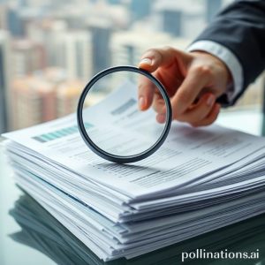 A person holding a magnifying glass over a stack of various business documents (financial reports, contracts, permits), symbolizing the detailed scrutiny involved in due diligence. The background shows a blurry cityscape.