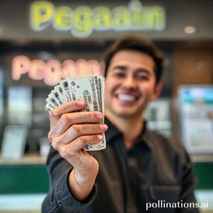 A person holding a newly received cash stack, looking relieved and happy, with a blurred background of a Pegadaian counter, implying quick and efficient fund disbursement after successfully pawning a watch.