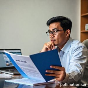 A person looking thoughtfully at a BPKB document (blue book) while sitting at a desk, with a laptop showing Pegadaian's website in the background, implying financial decision-making. The overall mood is serious but hopeful.
