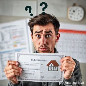 A person looking confused and stressed, holding a house certificate, with a question mark above their head. The background shows blurred financial documents and a calendar, emphasizing urgency.