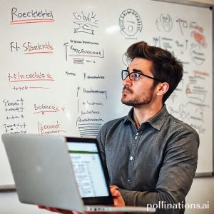 A person looking thoughtfully at a whiteboard filled with various business ideas, some crossed out, with a laptop open showing market research. The person has a determined but creative expression.