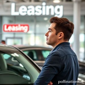 A person looking thoughtfully at a new car at a dealership, with a