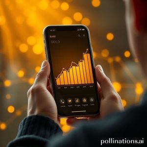 A person looking at a smartphone screen displaying a gold bar icon and upward trending financial charts, surrounded by digital lines and abstract golden hues, symbolizing digital gold investment.