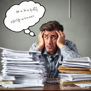 A person looking stressed and overwhelmed with a stack of bills and loan documents on a desk, with a thought bubble showing complex financial equations.