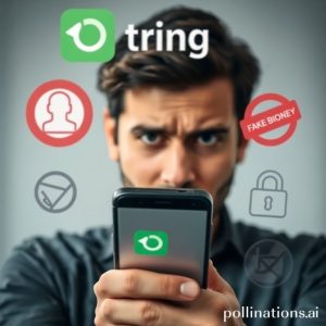 A person looking suspiciously at their smartphone screen, with a blurry background showing a