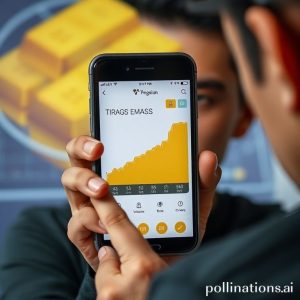A person looking frustrated at a smartphone displaying a frozen gold price chart on a Tring by Pegadaian app, with a subtle background of gold bars and a digital interface. The phone screen clearly shows 