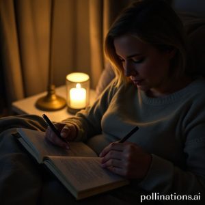 A person peacefully journaling at night, with a soft lamp light, writing down reflective thoughts and positive affirmations. The setting is cozy and calm.