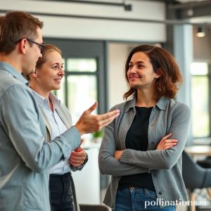 A person (representing a salesperson) gently offering a solution to another person (representing a customer) who looks thoughtful and relieved. The setting is bright and friendly, perhaps in a coffee shop or a modern office lounge. The overall mood is collaborative and trustworthy.