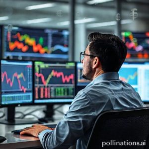 A person sitting at a desk, looking at multiple computer screens displaying forex charts and financial news. They have a thoughtful expression, surrounded by subtle elements representing global trade and currency symbols. The setting is modern and professional.