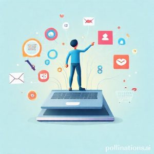 A person standing on a giant laptop, surrounded by various digital marketing icons like a magnifying glass for SEO, an email envelope, a social media logo, and a shopping cart. The person is pointing to a complex web of connections, symbolizing a comprehensive online marketing strategy. Bright, optimistic colors.