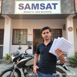A person standing in front of a Samsat office with a motorcycle, holding a stack of documents, looking a bit confused but determined. The sun is shining, implying a new beginning.