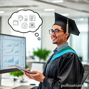 A person wearing an academic cap and gown, holding a calculator and looking confidently at a computer screen displaying various financial charts and graphs. Next to them, a thought bubble contains icons related to savings and smart financial decisions. The setting is a modern, bright office.