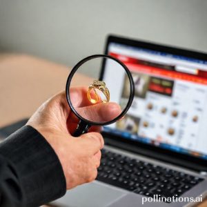 A person's hand holding a magnifying glass inspecting a gold ring next to a laptop showing an online auction page, symbolizing 